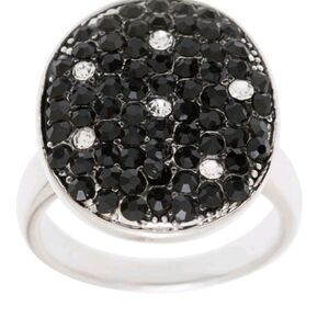 Silvertone Black and White Crystal Oval Ring